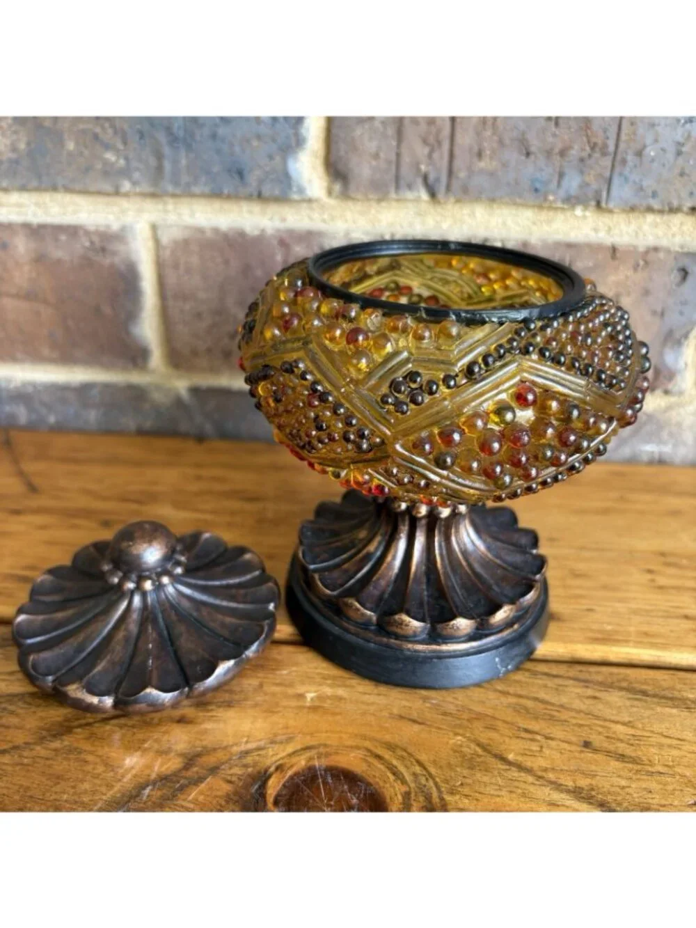Vintage Amber Bronze Color Hobnail Lucite Round Powder Jar Trinket Box Resin Lid